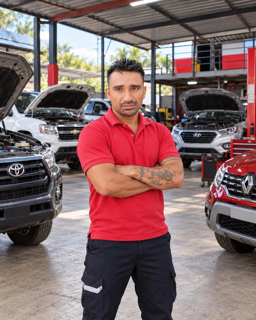 Jhon Zabaleta, propietario de Taller Zabaleta, en el taller con vehículos